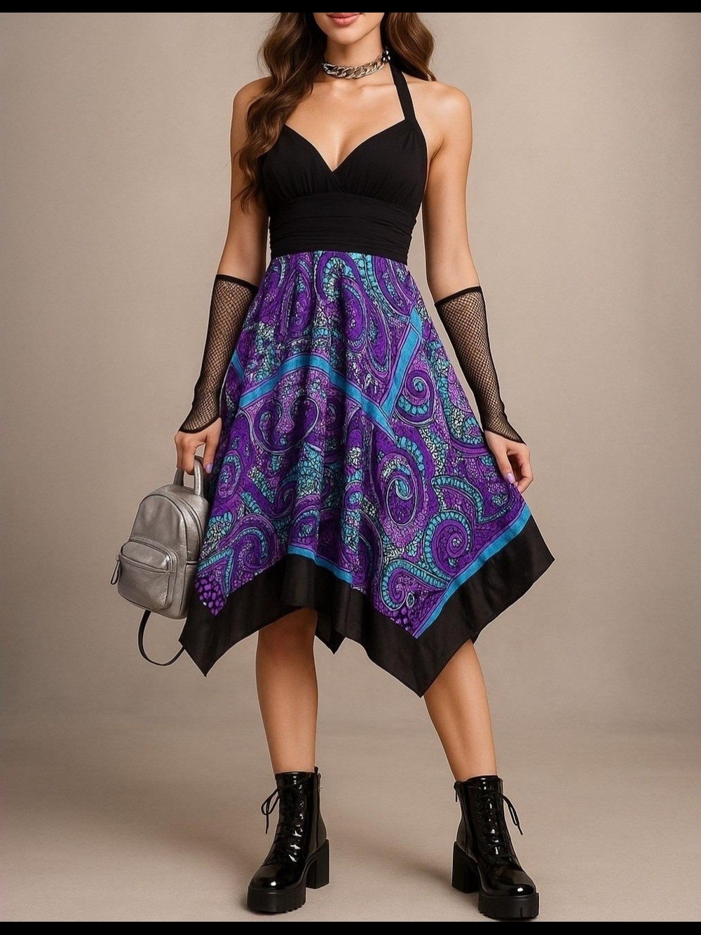Signature by Sangria Black Halter Dress with Purple Paisley Handkerchief Hem